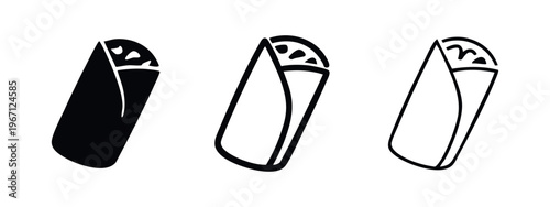 Burrito or Wrap Icon Set with Fillings. Mexican Fast Food Symbol in Solid and Outline Styles.