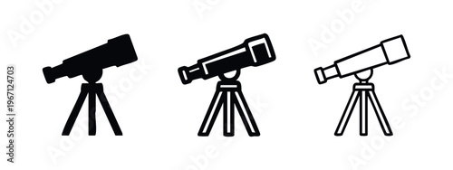 Telescope icon set. Astronomical equipment symbol in different styles. Science and observation tool on white background.