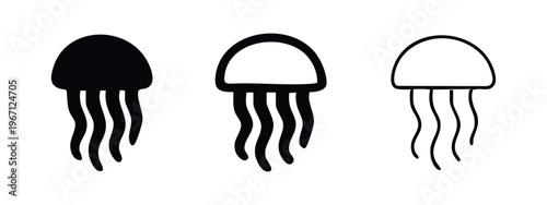 Jellyfish icon set. Sea animal symbol in different styles. Underwater creature illustration on white background.