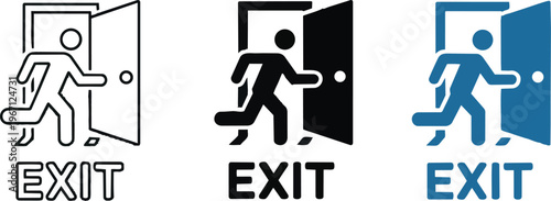Exit door sign icon. Emergency and safety symbol. Direction, arrow and building concept. Vector, interface and navigation design representing exit, door and safe route.
