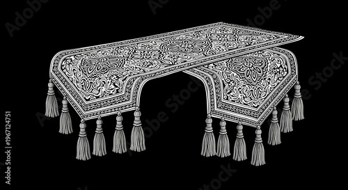 Elaborate Traditional Textile Illustration Featuring Intricate Ornamental Patterns and Decorative Tassels, Reflecting Rich Cultural Heritage and Handcrafted Artistry on a Deep Black Canvas