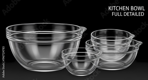 Full detailed rendering of a versatile set of clear glass kitchen mixing bowls, graduated in size, designed for culinary preparation, baking, and serving, isolated on a sleek dark background