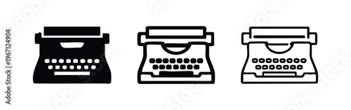 Classic Typewriter Machine Icons Set. Retro Desktop Writing Device Symbol in Solid, Outline, and Hand-Drawn Styles.