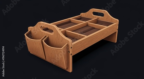 Portable wooden caddy with multiple partitioned compartments and practical side pockets, ideal for organized storage of various tools, craft items, or office supplies