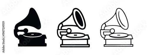Vintage Gramophone Record Player Icons Set. Retro Music and Sound Device Symbol in Solid, Outline, and Hand-Drawn Styles.