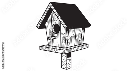 Birdhouse made of wood with a perch and a round entrance hole, designed for avian shelter in a garden setting.
