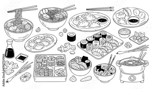 Chinese and Japanese food doodle illustration set vector line art
