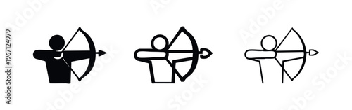 Archer icon set. Stylized silhouette, thick, and thin outline versions of a person shooting a bow and arrow.