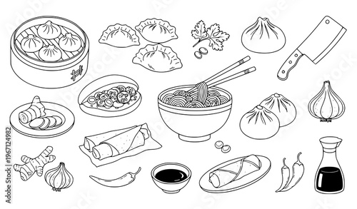 Chinese food doodle vector illustration set hand drawn line art