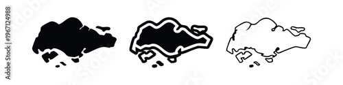 Singapore map icon set. Stylized silhouette, thick, and thin outline versions of the country.