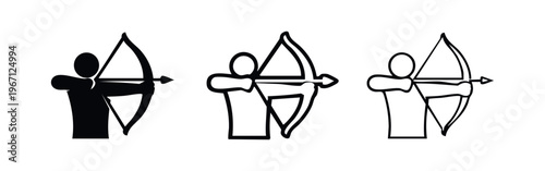 Archer icon set. Stylized silhouette, thick, and thin outline versions of a person shooting a bow and arrow.