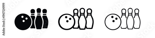 Bowling icon set. Stylized silhouette, thick, and thin outline versions of a bowling ball and pins.