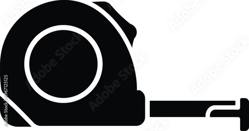 Minimal vector silhouette, tape measure tool, compact housing side view, solid black, isolated on white background.