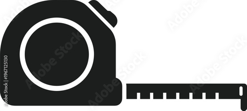 Minimal vector silhouette, tape measure tool, compact housing side view, solid black, isolated on white background.