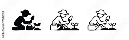 Gardener Planting Icon Set, Person with Shovel and Seedling Vector for Agriculture and Hobby