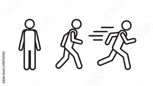 Stick figures showing progression from standing still to running with motion lines, presented in a simple, clean line art style on a white background.
