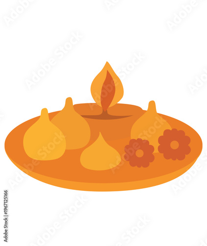 Dussehra traditional diya oil lamps on plate, Indian festival of lights concept in flat illustration.