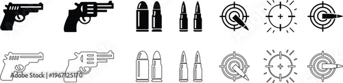 Gun pistol revolver bullet target icon set collection group in black flat and line style vector illustration, shooting aim crosshair ammunition symbol pack, weapon firearm design bundle