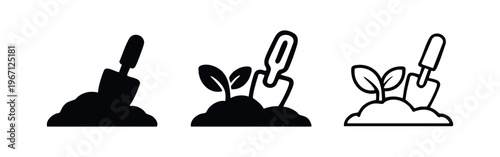 Planting seedling with garden trowel icon set.