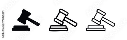 Judge's gavel and sound block icon set in three different styles.