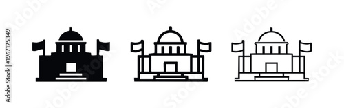 Government or parliament building icon set with flags and dome roof.