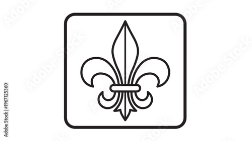 Fleur-de-lis outline symbol in a rounded square, representing royalty, nobility, and heraldry in a simple line art design.