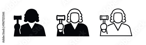 Judge icon set with traditional wig and gavel in hand.
