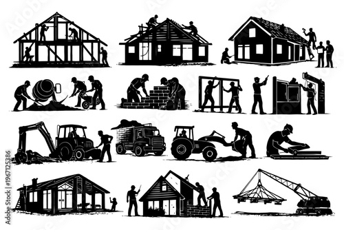 Construction workers building homes and operating machinery.