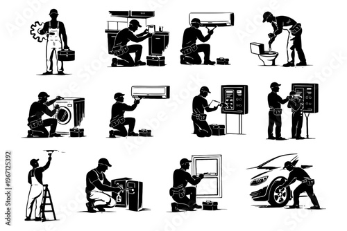 Silhouettes of technicians performing various maintenance tasks.