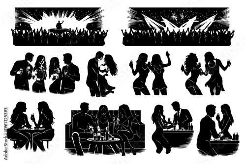 Energetic nightclub party scenes with dancing and socializing adults.