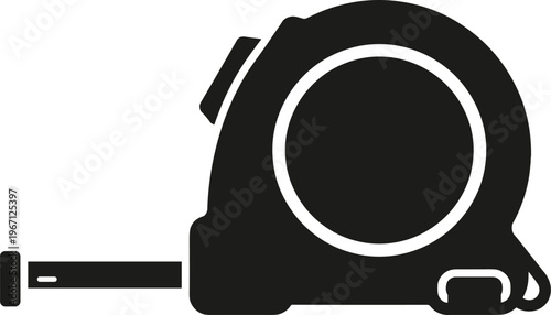 Minimal vector silhouette, tape measure tool, compact housing side view, solid black, isolated on white background.