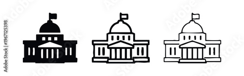 Capitol or government building icon set with columns, dome and flag.