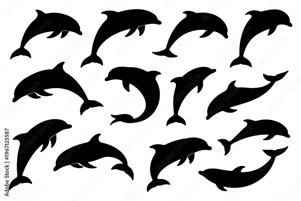 Fototapeta premium Collection of dolphin silhouettes in various poses on white background.