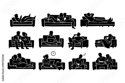 Silhouettes of people relaxing on sofas in various poses.