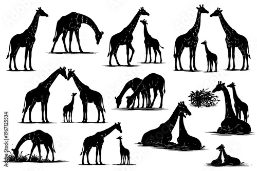 Silhouette of giraffe family in various poses on white background.