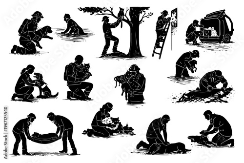 Illustrations of rescue workers assisting animals and people in various emergency scenarios.