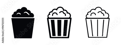 Popcorn Bucket Icons Set - Movie Theater Snack Symbols in Solid and Outline Styles