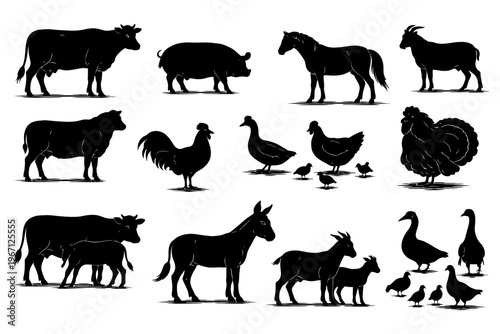 Silhouette farm animals collection: cow, pig, horse, goat, donkey, chicken, turkey.