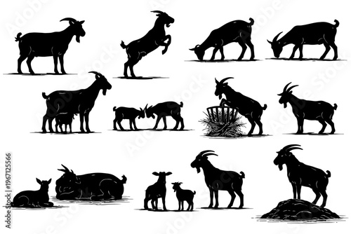 Silhouette set of goats in various poses eating and resting.