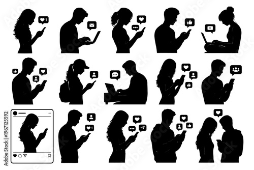 Silhouettes of diverse people engaging with technology and social media.