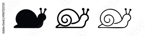 Snail icons set. Simple vector illustration of a mollusk with shell, in solid, line, and outline styles for web and mobile use.
