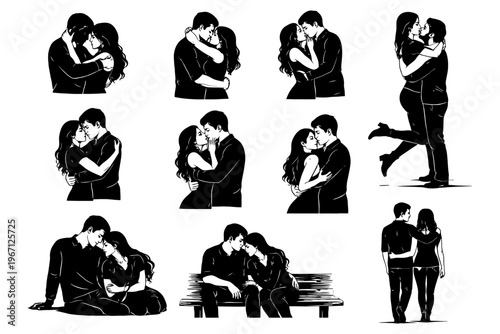 Romantic embrace collection featuring young couples in various poses.