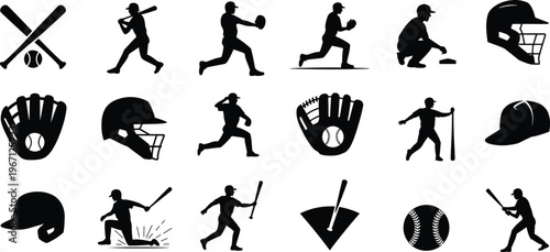 Baseball players and equipment silhouette icons set. batter, pitcher, catcher, bat, glove vector illustration
