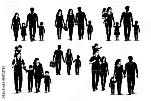 Silhouette of families walking together - asian adults with children on white background.
