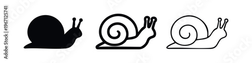 Snail icons set. Simple vector illustration of a mollusk with shell, in solid, line, and outline styles for web and mobile use.