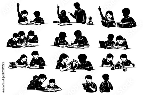 Silhouette illustrations of children and adults engaged in learning activities.