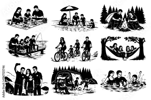 Outdoor family activities: camping, picnicking, cycling, and swimming.