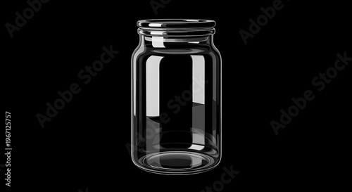 An isolated empty clear glass jar, rendered with high detail and realistic reflections, standing prominently on a clean black background, ready for content