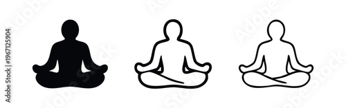 Meditating figure in lotus pose icon set, zen and awareness symbols with hands on knees