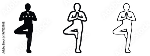 Yoga tree pose icon set, balance and mindfulness symbol with hands in prayer